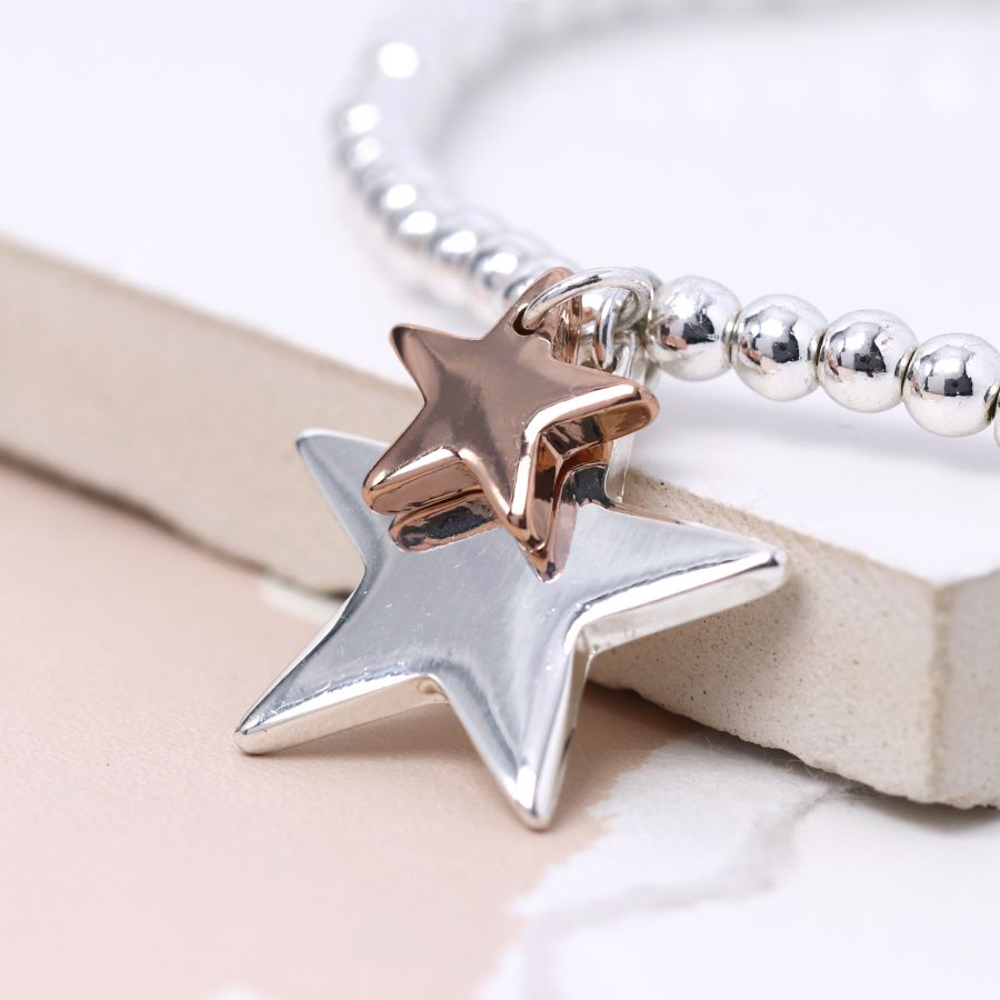 Silver plated and rose gold double star bracelet