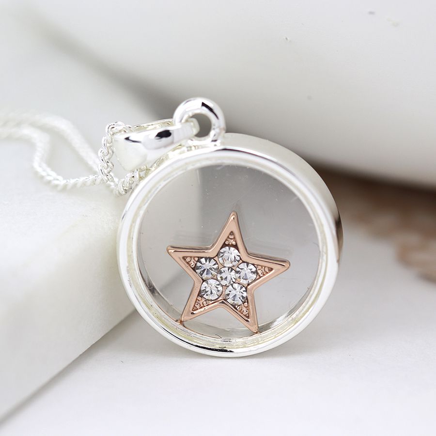 Silver Plated Circle Frame Crystal Star Necklace