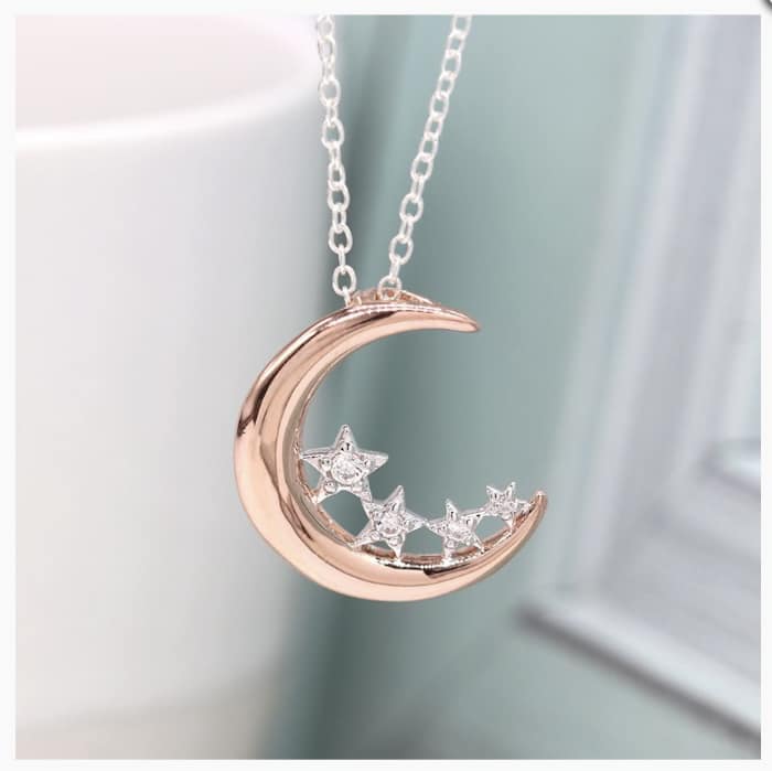 Sterling silver rose gold plated moon and CZ stars necklace