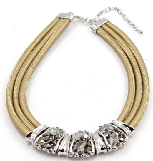 Triple strand leather statement necklace with crystal section