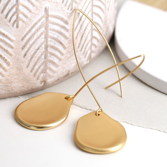 Golden marquis hook and irregular disc earrings