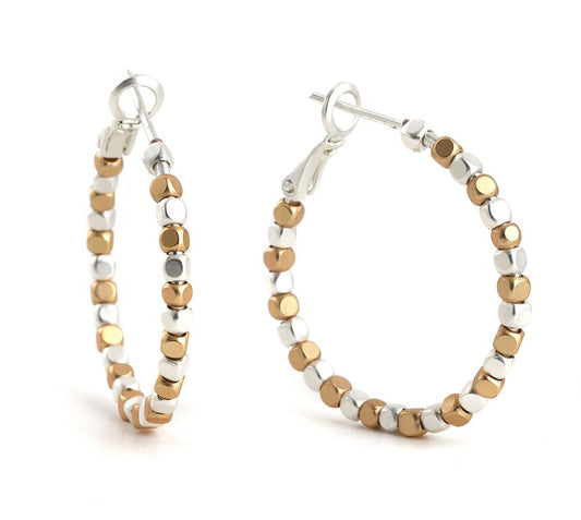 Silver plated and golden cube beaded hoop earrings