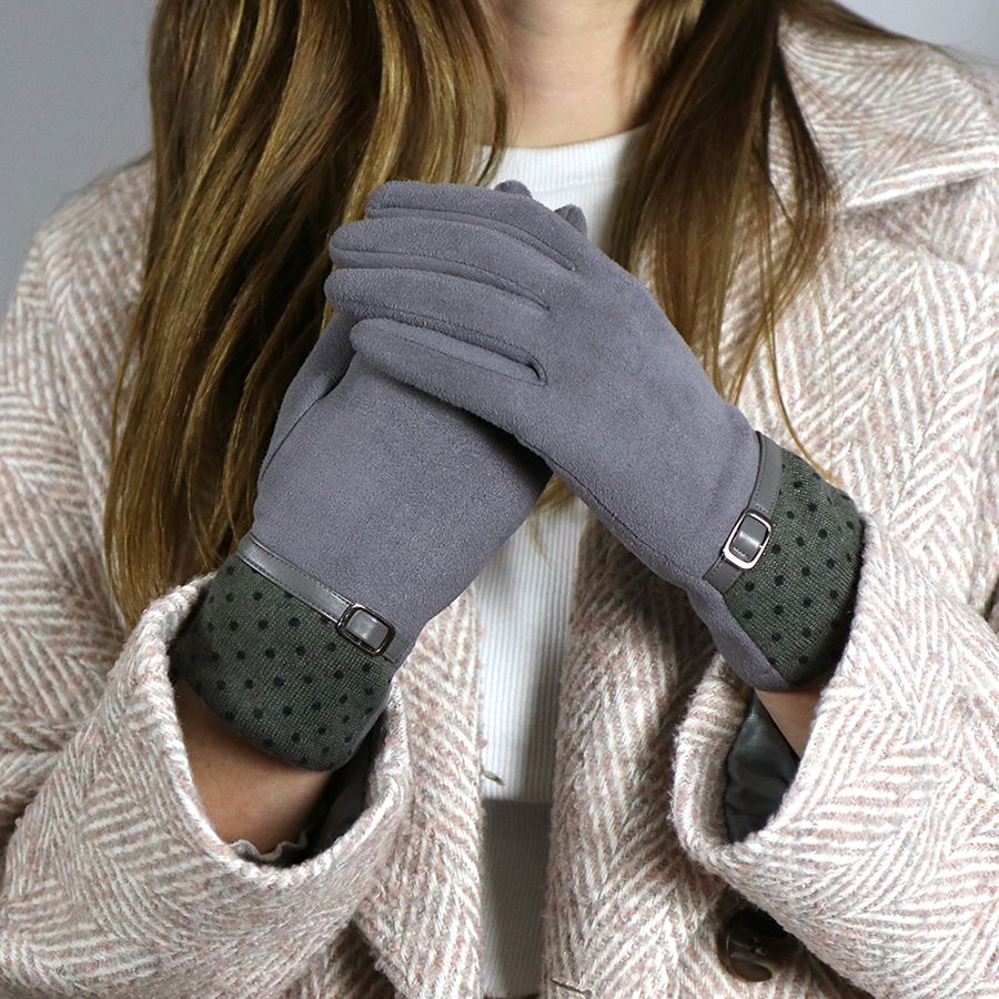 Grey dotty cuff and buckle detail gloves